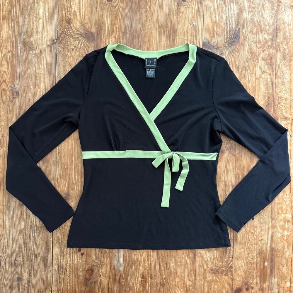 INC International Concepts Y2K Black Lime Green Trim Faux Wrap Top Medium EUC